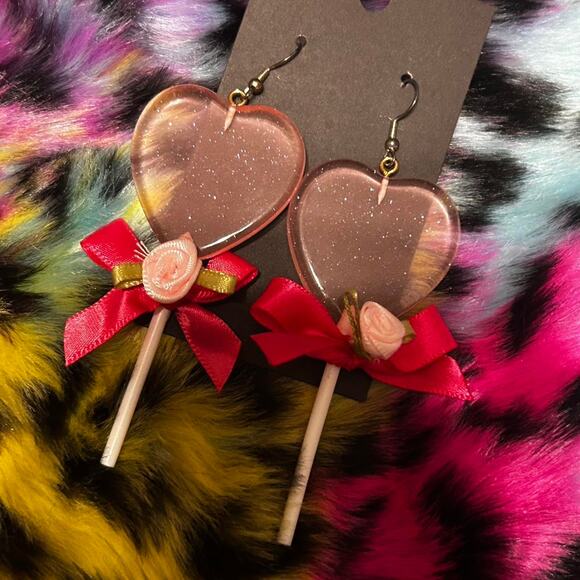 Heart-shaped lollipop earrings with rose ribbon and bow - Picture 1 of 1